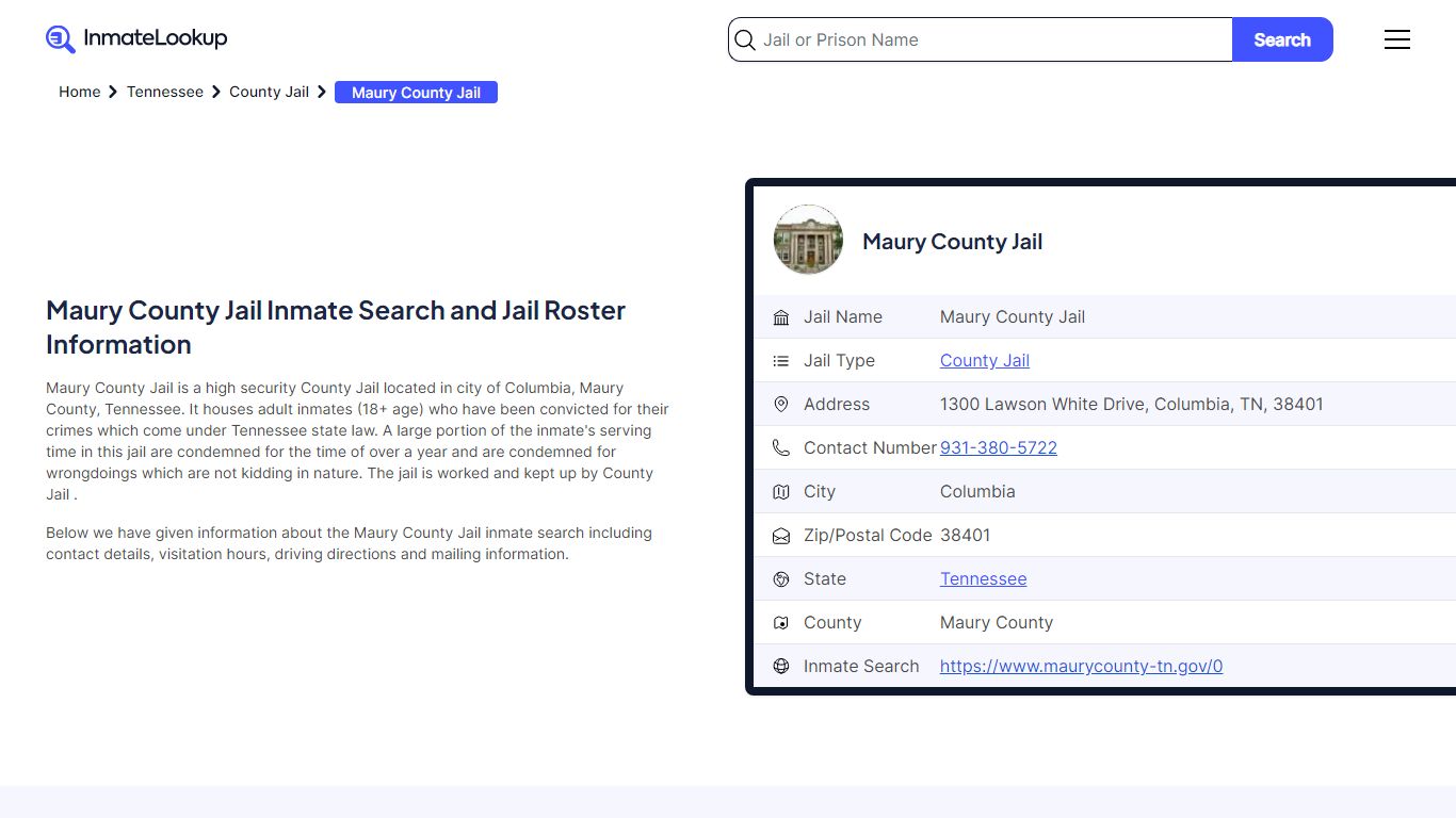 Maury County Jail (TN) Inmate Search Tennessee - Inmate Lookup